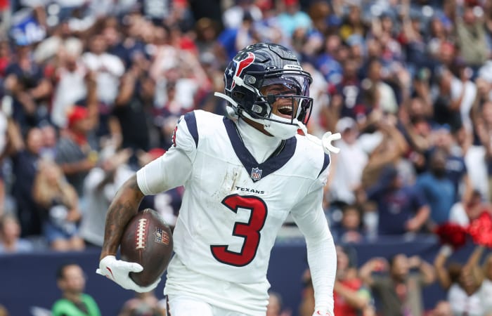 Sep 17, 2023; Houston, Texas, USA; Houston Texans wide receiver Tank Dell (3) shouts after scoring a touchdown during the fourth quarter against the Indianapolis Colts at NRG Stadium. Mandatory Credit: Troy Taormina-USA TODAY Sports